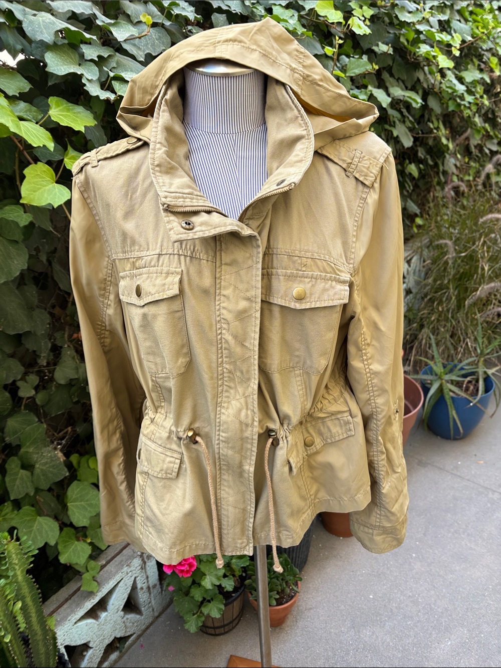 American Rag Women's Light Tan Hooded Utility Jacket with Sleeve Staps